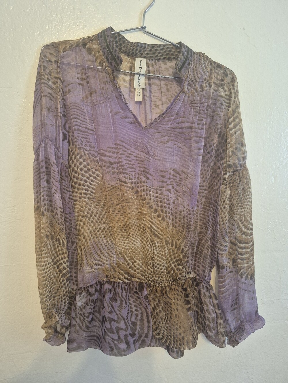 Lavender & Taupe Printed V-Neck Peplum Blouse Simi Sue